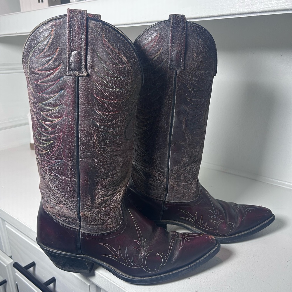 Vintage Acme Western Cowboy Boots Burgundy Brown | Men’s 8.5 Women’s 10 - Picture 5 of 8